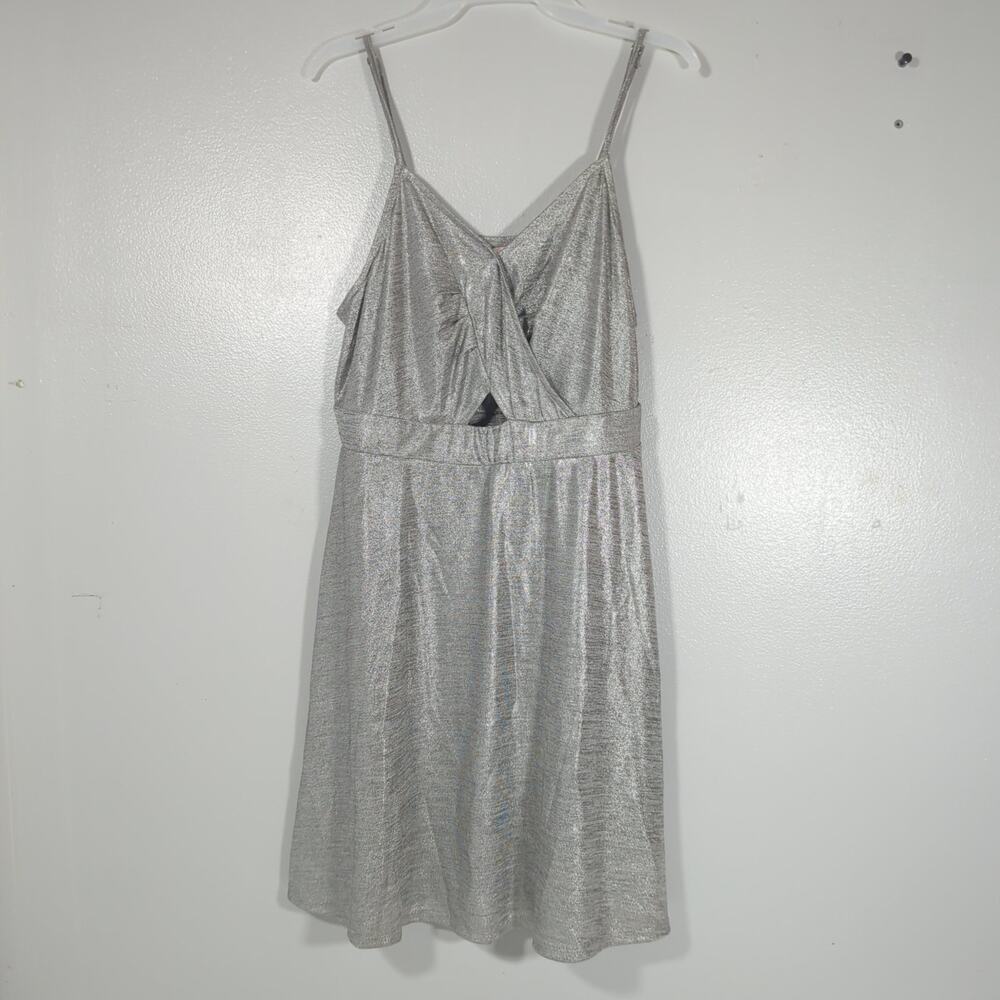 Xhilaration Silver Metallic Cutout Mini Dress Size L Y2K Party Glam Disco Cyber